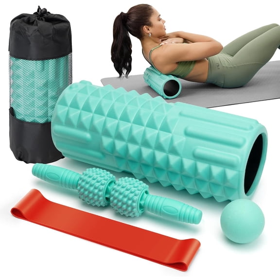 5 in 1 Foam Roller Set - Back Foam, Massage Stick, Ball, Resistance Band for Physical Therapy & Deep Tissue Muscle (Green)