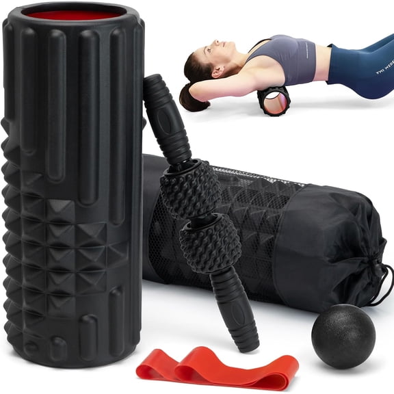 5 in 1 Foam Roller Set, High Density Fitness Exercise for Deep Tissue Muscle Massage, Massage Roller, Ball, Resistance Band, Whole Body(Black)