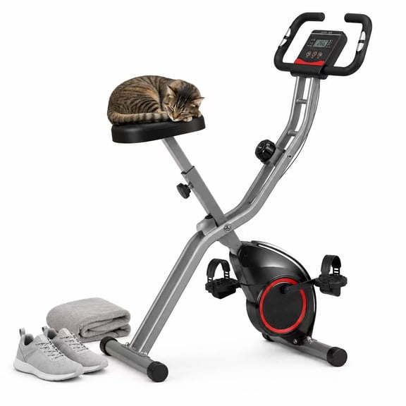 5in1 Foldable Exercise Bike for Small Apartments, 16Level Magnetic Resistance Stationary Bike with Arm Bands, Backrest, Quiet Ride, LCD Monitor, 300 lb Capacity