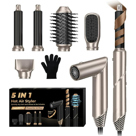 5-in-1 Foldable Hot Air Styler Kit, Professional Hair Dryer Brush System with Auto-Wrap Curlers & Volumizing Brush for All Hair Types