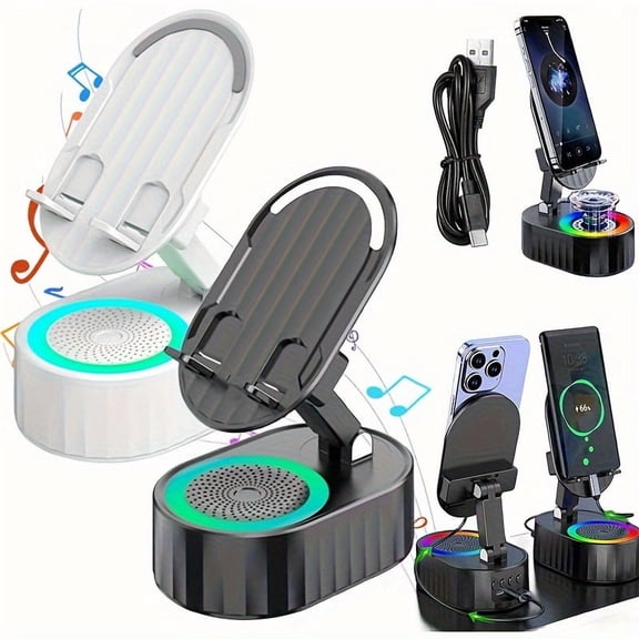 5-in-1 Foldable Phone Holder Speaker: 3000mAh Emergency Charging, Wireless Induction Audio, 300° Ambient Light for Phones/Tablets, Ideal Gift for Men, Women, Parents & Professionals on-the-go