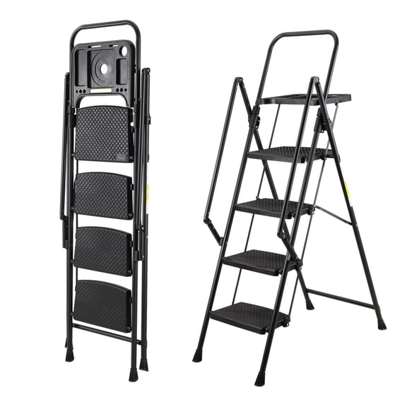 5-in-1 Foldable Steel Step Stool: Non-Slip Wide Steps, Tool Tray & Handles | Lightweight Portable Ladder