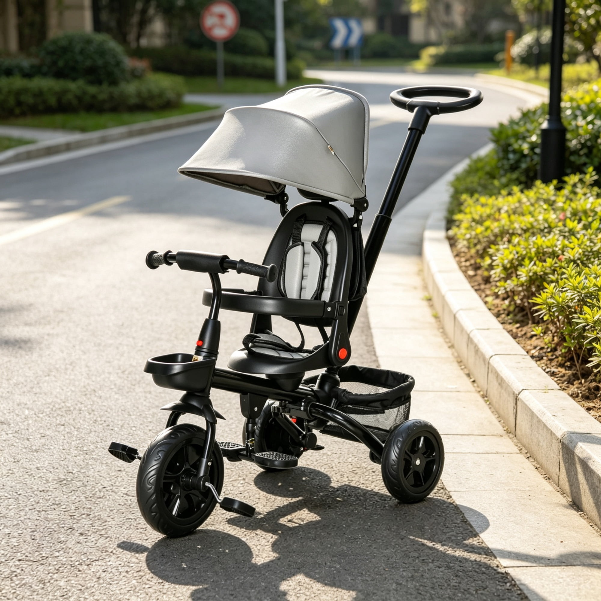 5 in 1 Foldable Toddler Trike, Travel-Friendly with Storage, Reversible Seat, Safety Harness for 1-5 Years Old Family Trips, Gray