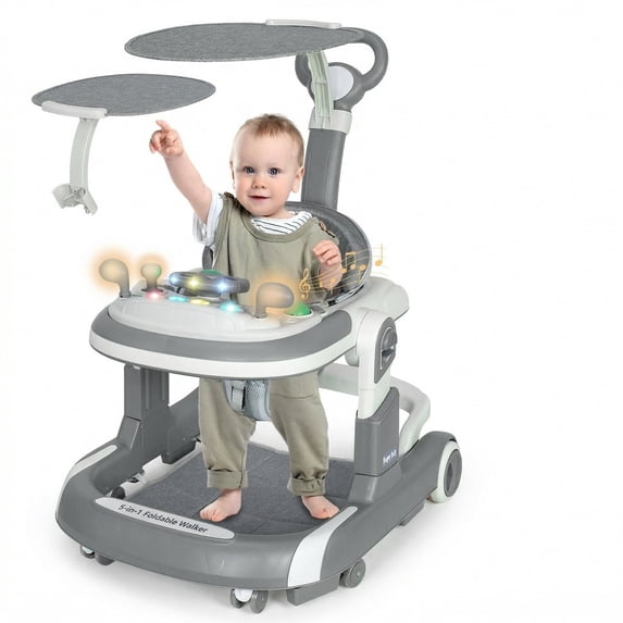 5 in 1 Folding Baby Walker Adjustable Height & Speed, Kids Baby Walker with Wheels & Music Toys for Girls Boys, Gray