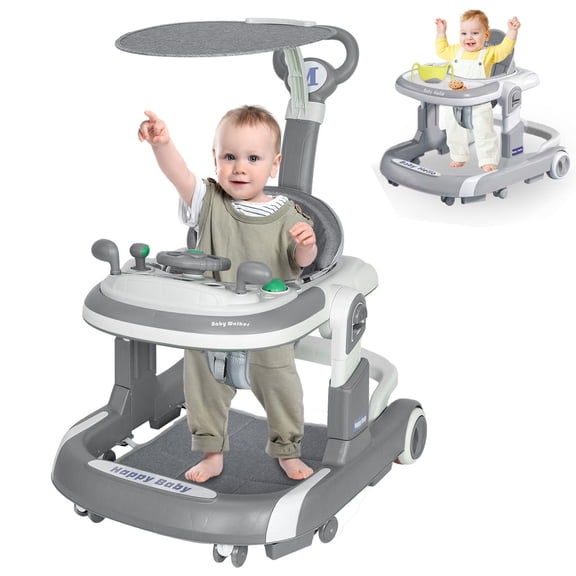 5 in 1 Folding Baby Walker Adjustable Height & Speed, Kids Baby Walker with Wheels & Music Toys for Girls Boys, Gray