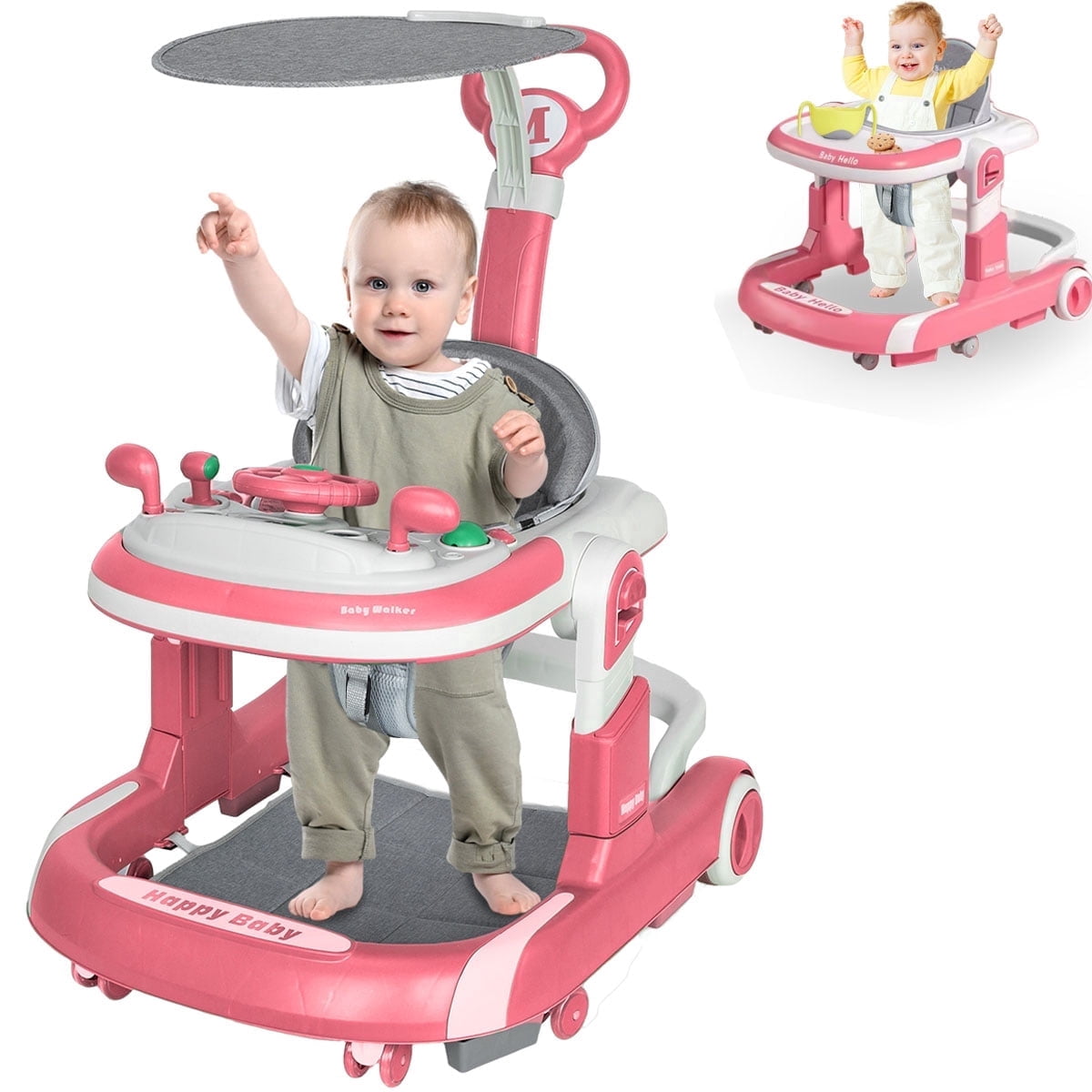 SIMANLI 5-in-1 Folding Baby Walker - Adjustable Height & Speed, Multifunctional Design with Wheels and Music Toys for Girls and Boys (Pink)