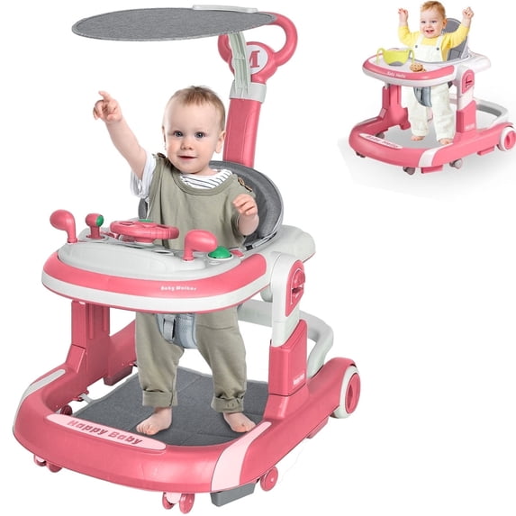 SIMANLI 5-in-1 Foldable Baby Walker, Height-Adjustable Push Walker with Wheels and Music Toys for Girls and Boys (Pink)