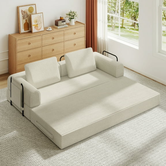 5-in-1 Folding Convertible Sofa Bed 78.7" Boneless Couch with Fixed-Shape Frame Corduroy Loveseat Sleeper with Pull Out Bed, Floor Sofa Modular Futon Couch for Living Room Bedroom Lounge