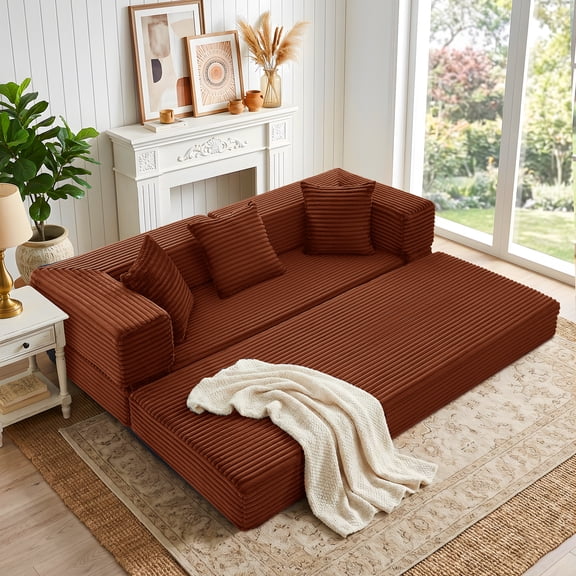 5-in-1 Folding Convertible Sofa Bed, 78 Inch Corduroy Boneless Couch, Loveseat Sleeper with Pull Out Bed, Floor Sofa Modular Futon Couch for Living Room, Small Place, No Assembly, Orange