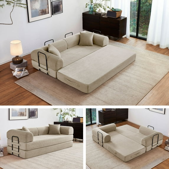 5-in-1 Folding Convertible Sofa Bed, 79" Corduroy Floor Couch Futon, Pull-Out Sleeper Loveseat, Modular Boneless Sofa for Living Room & Bedroom, Beige