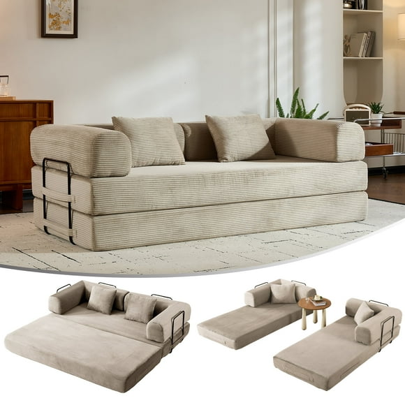 5-in-1 Folding Convertible Sofa Bed, 79" Corduroy Floor Couch Futon, Pull-Out Sleeper Loveseat, Modular Boneless Sofa for Living Room & Bedroom, Beige