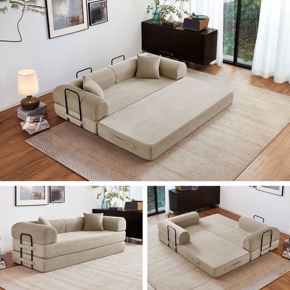 5-in-1 Folding Convertible Sofa Bed, 79" Corduroy Floor Couch Futon, Pull-Out Sleeper Loveseat, Modular Boneless Sofa for Living Room & Bedroom, Beige