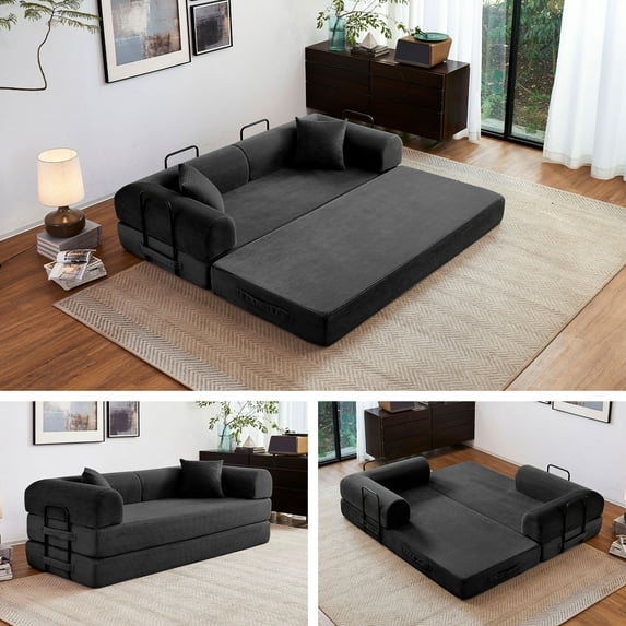 5-in-1 Folding Convertible Sofa Bed, 79" Corduroy Floor Couch Futon, Pull-Out Sleeper Loveseat, Modular Boneless Sofa for Living Room & Bedroom, Black