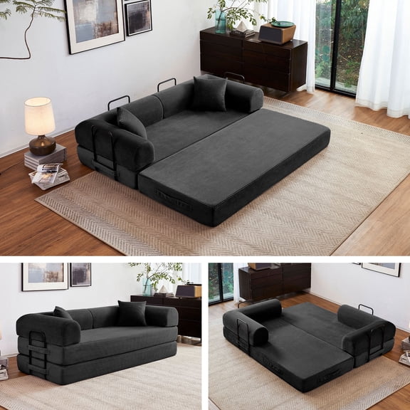 5-in-1 Folding Convertible Sofa Bed, 79" Corduroy Floor Couch Futon, Pull-Out Sleeper Loveseat, Modular Boneless Sofa for Living Room & Bedroom, Black