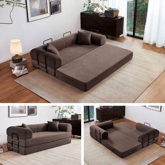 5-in-1 Folding Convertible Sofa Bed, 79" Corduroy Floor Couch Futon, Pull-Out Sleeper Loveseat, Modular Boneless Sofa for Living Room & Bedroom, Brown