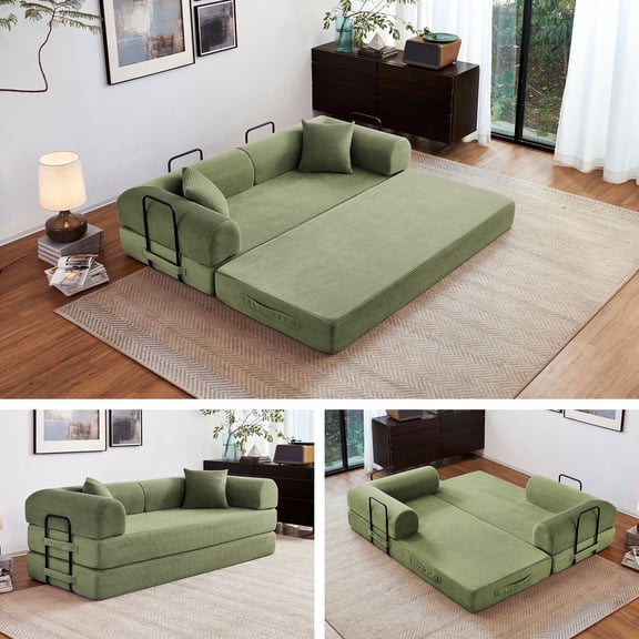 5-in-1 Folding Convertible Sofa Bed, 79" Corduroy Floor Couch Futon, Pull-Out Sleeper Loveseat, Modular Boneless Sofa for Living Room & Bedroom, Green