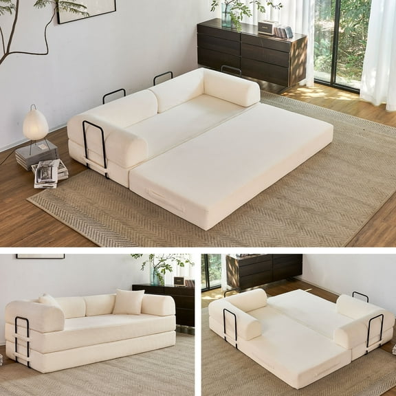 5-in-1 Folding Convertible Sofa Bed, 79" Corduroy Floor Couch Futon, Pull-Out Sleeper Loveseat, Modular Boneless Sofa for Living Room & Bedroom, White