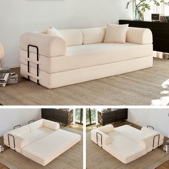5-in-1 Folding Convertible Sofa Bed, 79" Corduroy Floor Couch Futon, Pull-Out Sleeper Loveseat, Modular Boneless Sofa for Living Room & Bedroom, White