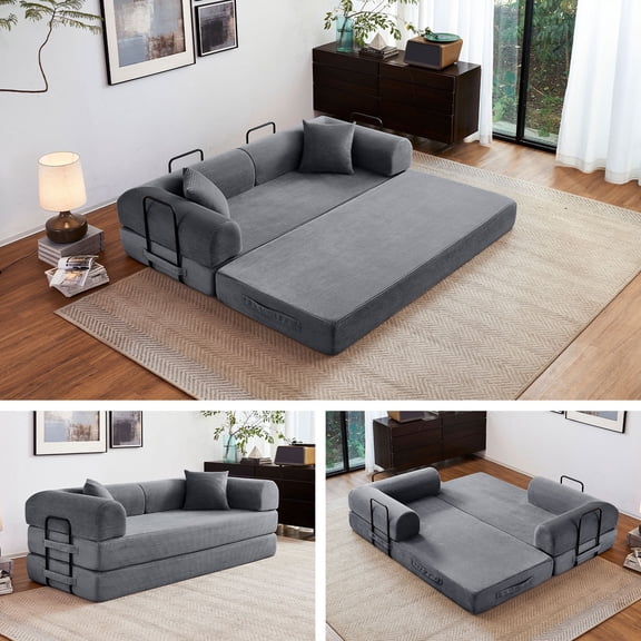 5-in-1 Folding Convertible Sofa Bed, 79" Corduroy Floor Couch Futon, Pull-Out Sleeper Loveseat, Modular Boneless Sofa for Living Room & Bedroom, Grey