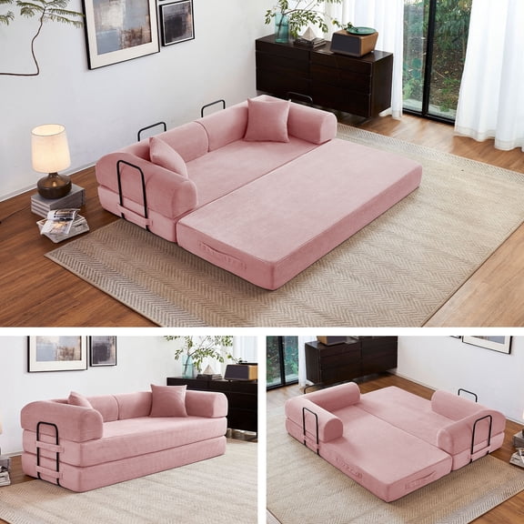 5-in-1 Folding Convertible Sofa Bed, 79" Corduroy Floor Couch Futon, Pull-Out Sleeper Loveseat, Modular Boneless Sofa for Living Room & Bedroom, Pink