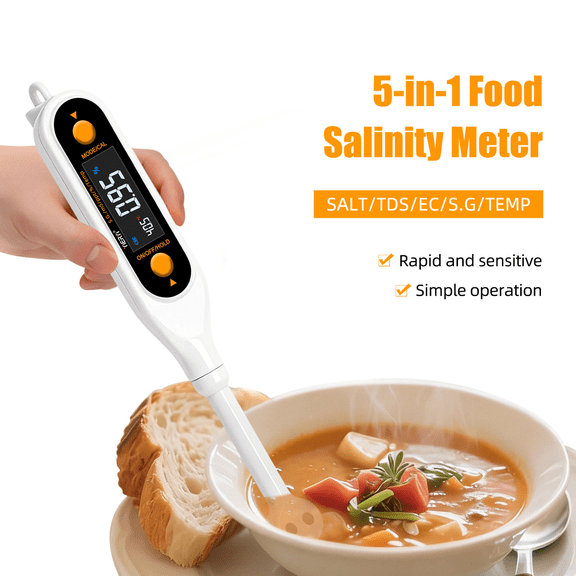 5-in-1 Food Salinity Meter Tester - Measures Salt (0.01-26%), Specific Gravity, EC, TDS & Temperature - High Precision Digital Meter for Broth, Sauces, Pickled Foods & Brine