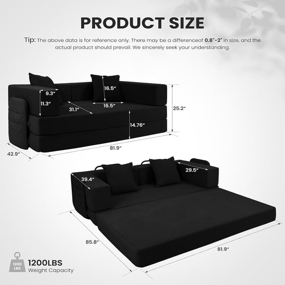 5-in-1 Futon Sofa Bed – Floor Foldable Convertible Sofa Couch with L-Shaped Armrests, Removable Cover, Black Convertible Guest Bed | Space-Saving Fold-Out Mattress Lounge for Living Room/Bedroom