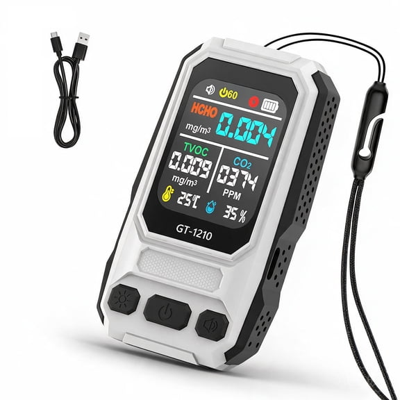 5-in-1 Gas Detector, Rechargeable Air Quality Tester with LCD Display, Audible & Visual Alert for CO2/HCHO/TVOC//Humidity Meter, Suitable for Home, Office, Greenhouse