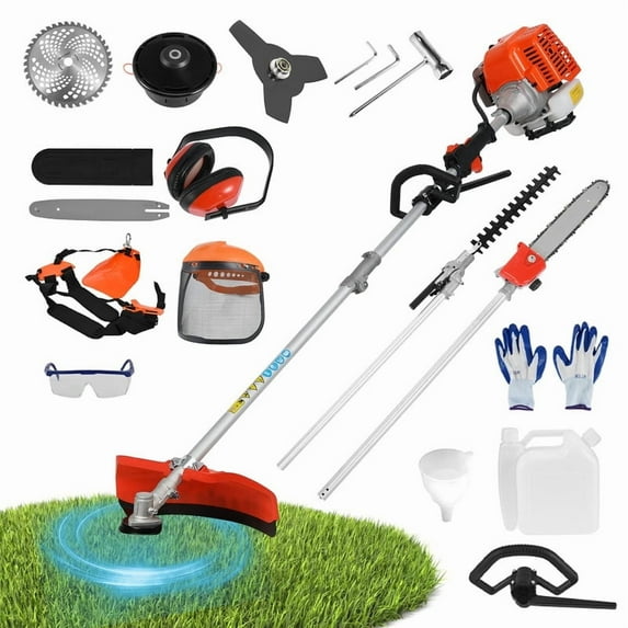 5 in 1 Gas & Petrol Hedge Trimmer - Cordless, 52CC Gas Brush Cutter Lawn Mower - 2-Stroke Full Functioning Grass Trimmer