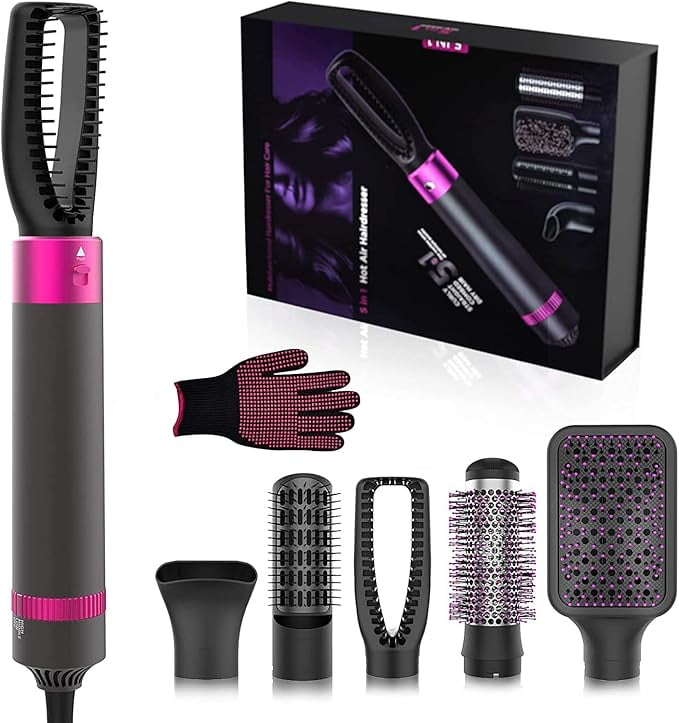 5-in-1 Hair Dryer Brush Set, 1200W, Lightweight, ALCI Safety, Tourmaline Technology, Gray, Purple