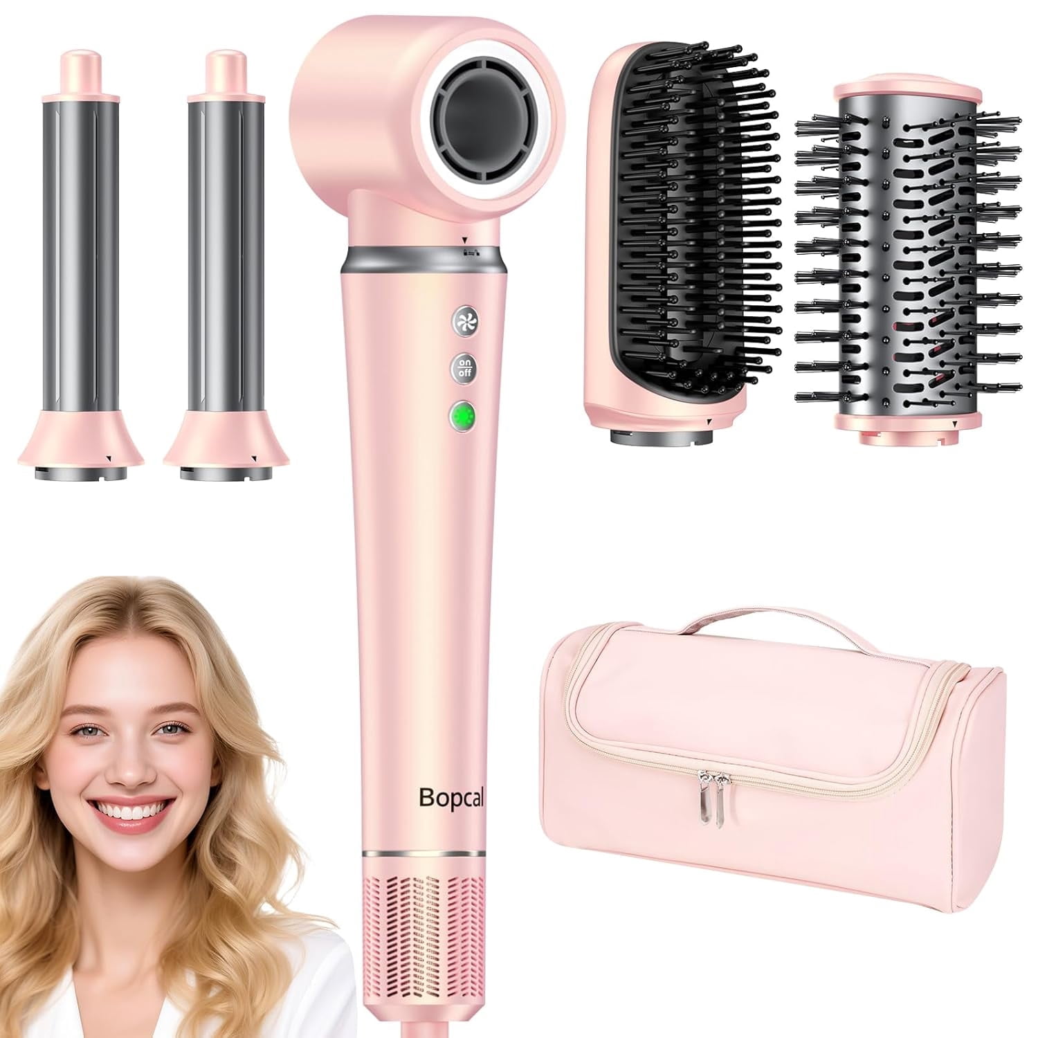 5 in 1 Hair Dryer Brush with Travel Bag - Bopcal Air Styler for Hair, High-Speed Hair Dryer for Multiple Styling, Fast Drying,No Heat Damage，Pink