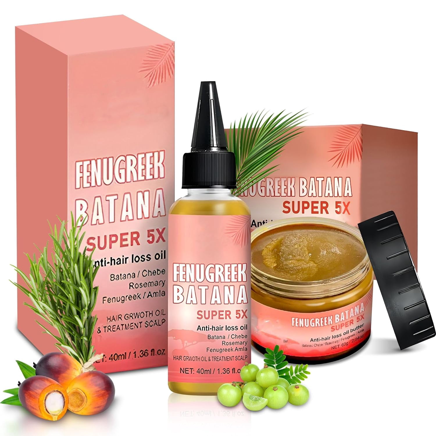 5-in-1 Hair Growth Oil & Butter - Batana, Chebe, Amla, Rosemary & Fenugreek for Fast Hair Growth, Natural & Organic (Both (Hair Butter & Oil))