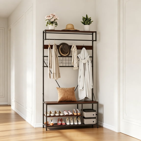 5-in-1 Hall Tree with Bench and Shoe Storage, 39" Coat and Shoe Rack with Adjustable Shelf, Entryway Shoe Bench with Coat Rack, Hanging Rod and 9 Hooks for Hallway, Mudroom, Bedroom, Walnut Brown