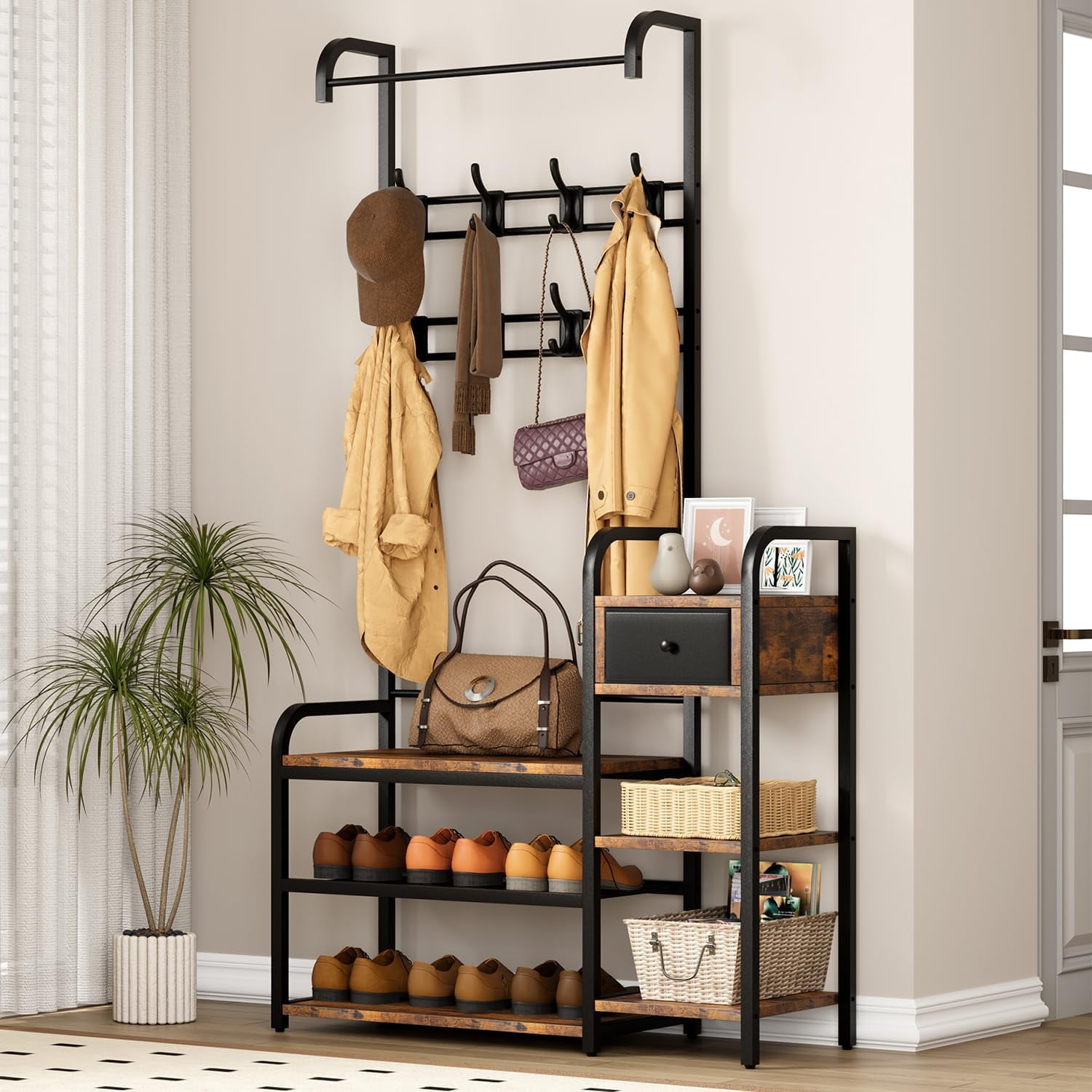 5-in-1 Hall Tree Shoe Bench, Industrial Coat Rack with Storage Drawer