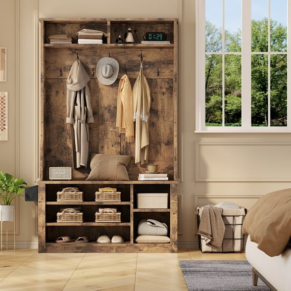 5-in-1 Hall Tree Shoe Storage Bench, Entryway Clothes Rack with 7 Hooks, Overhead Storage, Rustic Brown