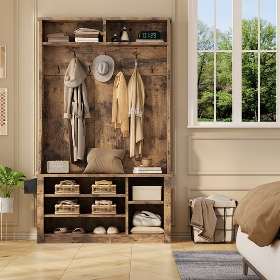 5-in-1 Hall Tree Shoe Storage Bench, Entryway Clothes Rack with 7 Hooks, Overhead Storage, Rustic Brown
