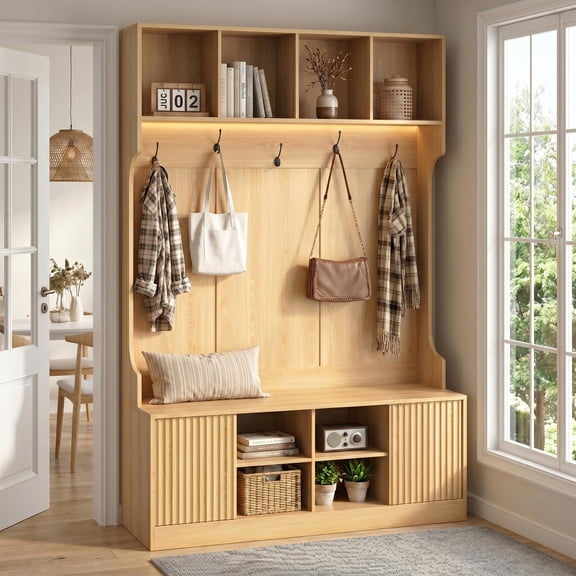 5-in-1 Hall Tree With Bench And Shoe Storled Sensor Light Oakentryway Coat Rack Hooks Cubes Cabinet Fluted Door Modern For Entryw