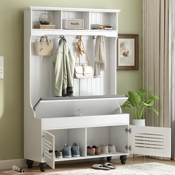 5-in-1 Hall Tree With Shoe Bench, Shutter-shaped Doors Cabinet, Coat Rack, Open Storage Shelves And 4 Sturdy Hooks For Hallway, Entryway, Living Room 47.2inch