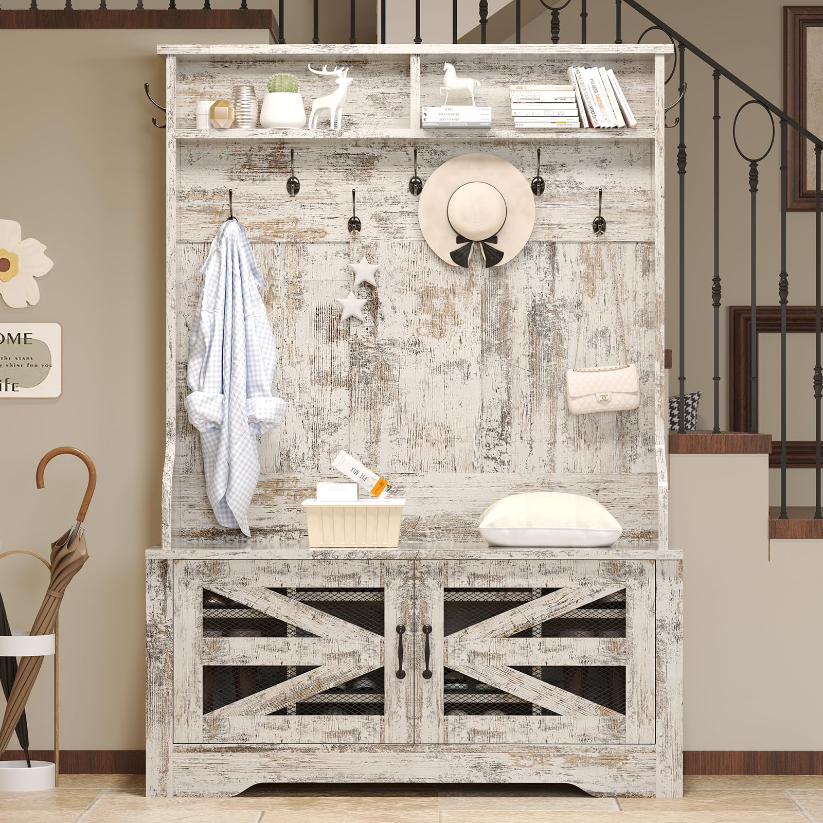 5 in 1 Hall Tree with Bench and Shoe Storage Vintage Entryway Bench with Coat Rack and Adjustable Shelf Coat Hooks Barn Door White Walmart