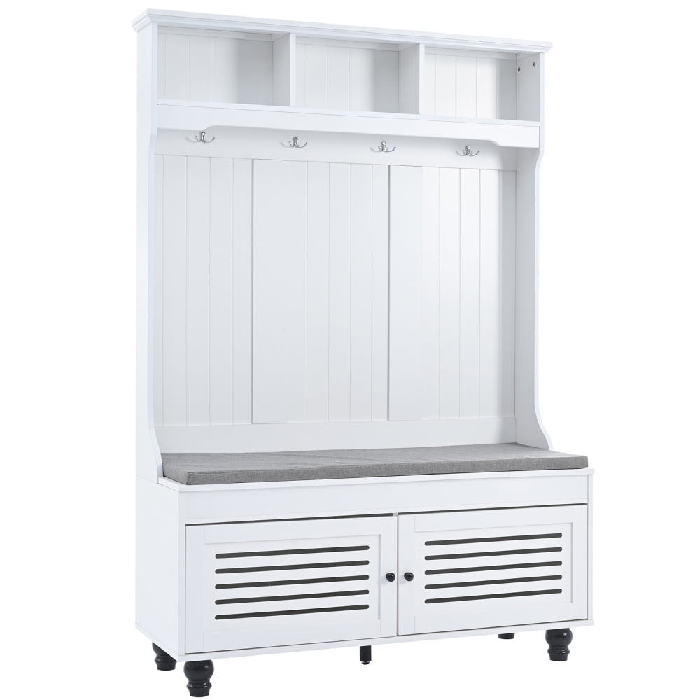White MDF Hall Tree with Storage Bench and Hooks