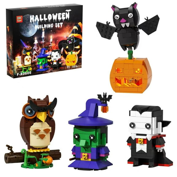 5-in-1 Halloween square-headed brick set, owl, witch, vampire, pumpkin and bat evening gift, room decoration ornament503pcs