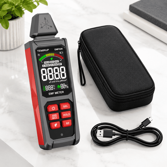 5-in-1 Handheld EMF Detector, Measures RF, EF, Temperature, Humidity, Rechargeable