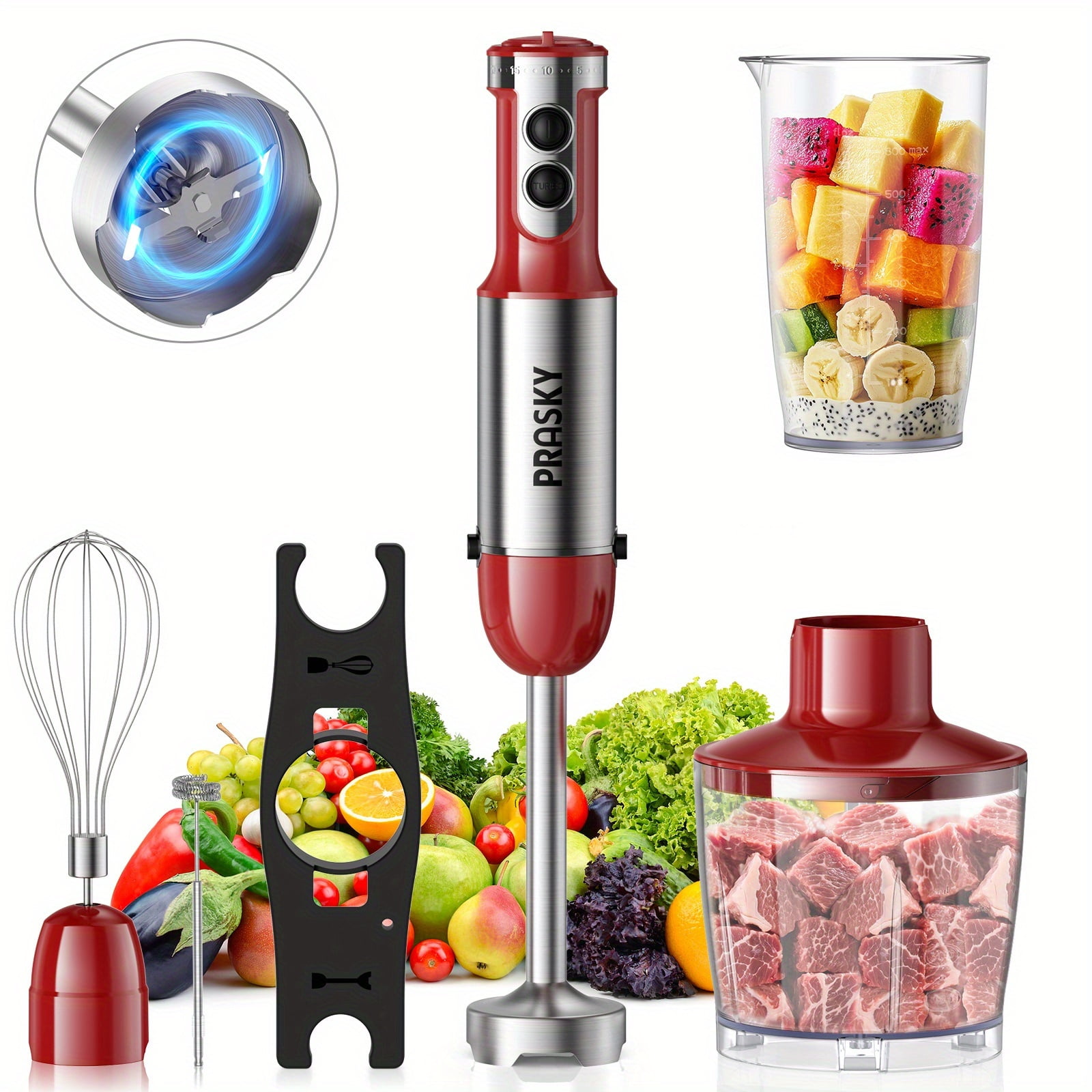 5-in-1 Handheld Immersion Blender, Heavy Duty Motor with Multi-Attachments, Ergonomic Handle, Includes Whisk & Chopper, 120V US Plug, Versatile Kitchen Blending & Whipping Tool