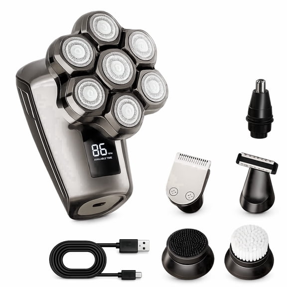5-in-1 Electric Head Shaver for Bald Men 7D Rotary Razor with Magnetic Detachable Head, Waterproof Wet & Dry Grooming Kit with Beard, Hair & Nose Trimmer