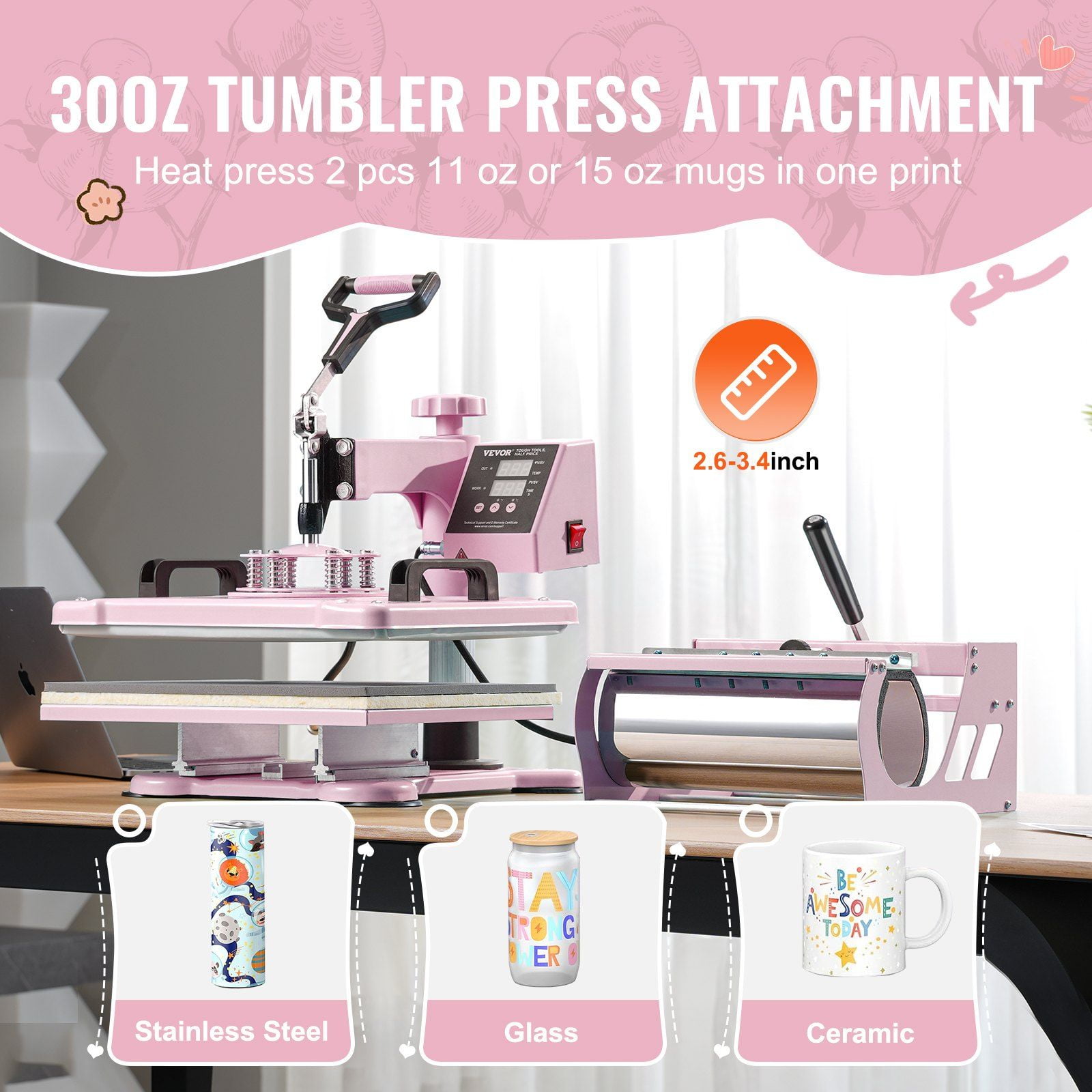 5 in 1 Heat Press Machine 12x15 Inch with 30oz Tumbler Press for T-Shirts, Pink – Sublimation & Custom Apparel Design