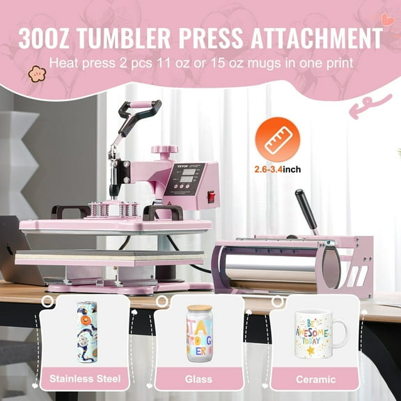 5 in 1 Heat Press Machine 12x15 Inch with 30oz Tumbler Press for T-Shirts, Pink Sublimation & Custom Apparel Design