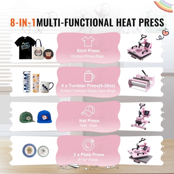 5-in-1 Heat Press Machine with 30 oz Tumbler Press, 12x15 Inch, Digital Control for T-Shirts, Mugs, Hats, Plates, Pink