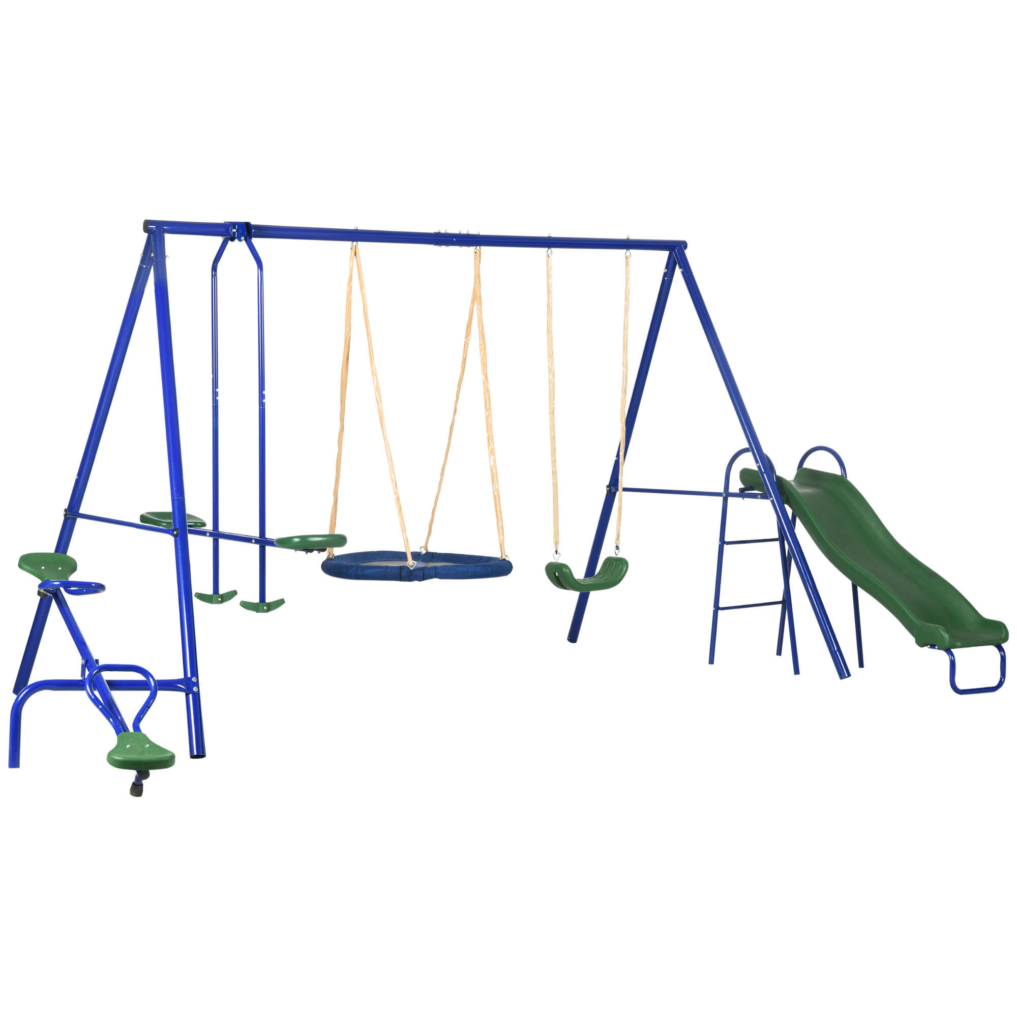 5-in-1 Heavy Duty Swing Set for Backyard, 616LB Capacity Outdoor Playset with Slide, Seesaw, Saucer Swing & Glider, Blue Steel A-Frame Kids Playset