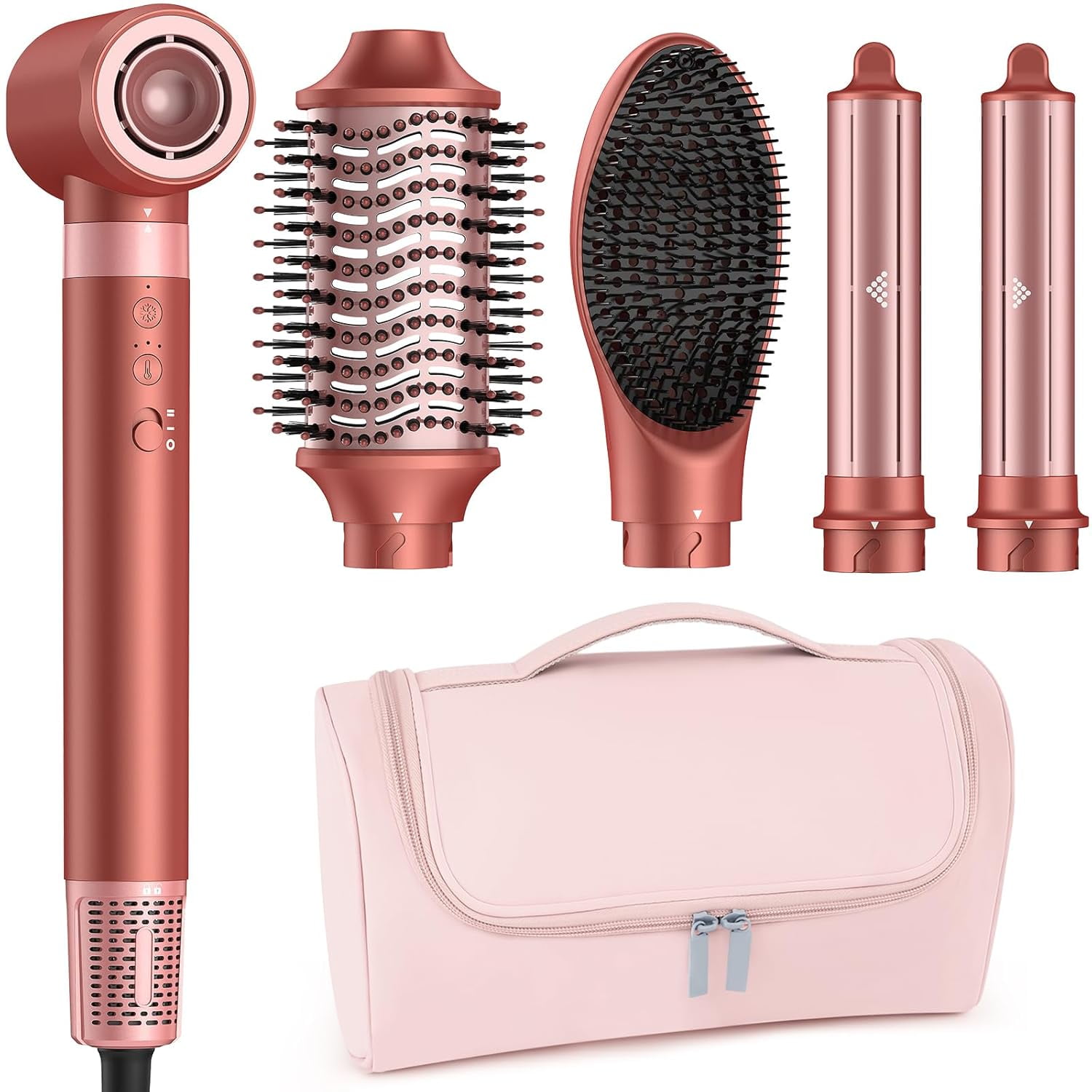 5-in-1 High-Speed Hot Air Styler with Diffuser for Curly Hair - Professional Frizz-Free Hair Dryer Brush for Fast Drying, Curling & Volumizing, Includes Travel Bag