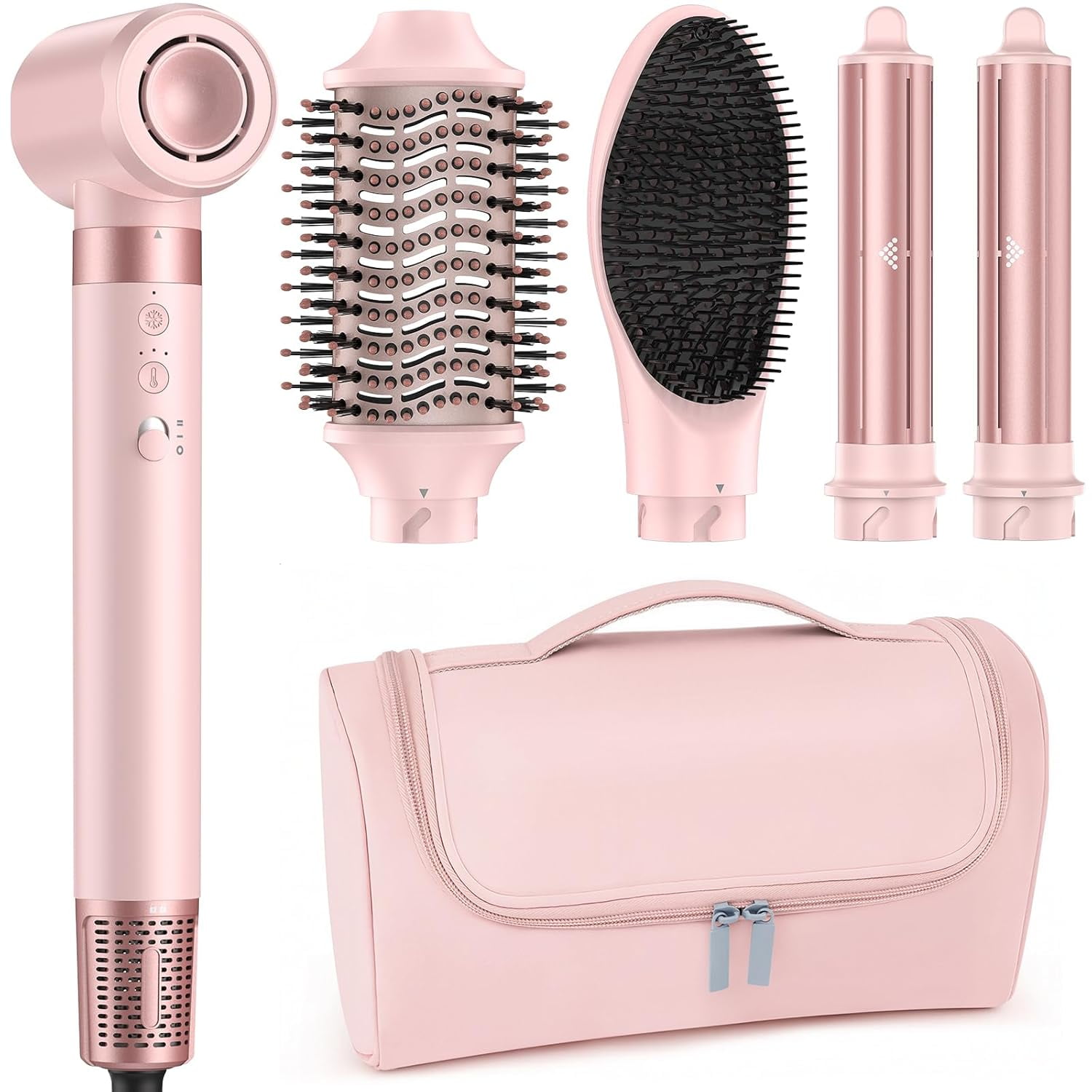 5-in-1 High-Speed Hot Air Styler with Diffuser for Curly Hair - Professional Frizz-Free Hair Dryer Brush for Fast Drying, Curling & Volumizing, Includes Travel Bag