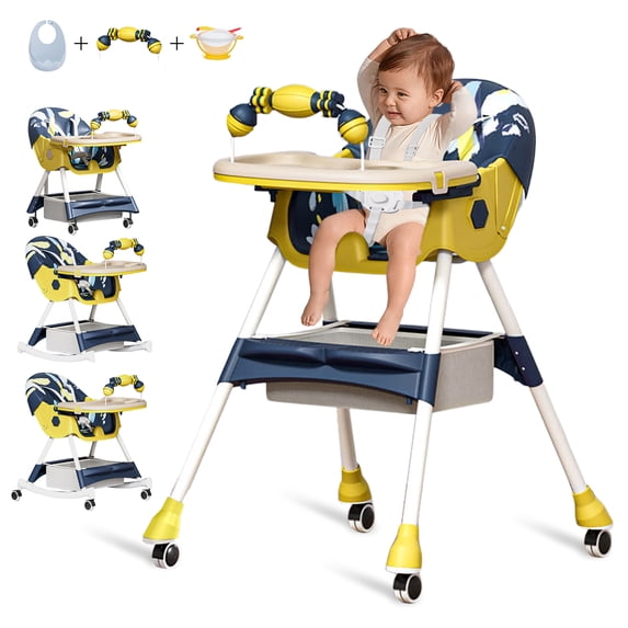 5-in-1 Highchair for Baby and Toddlers with Removable Tray, Wheels & Safety Belt, Yellow